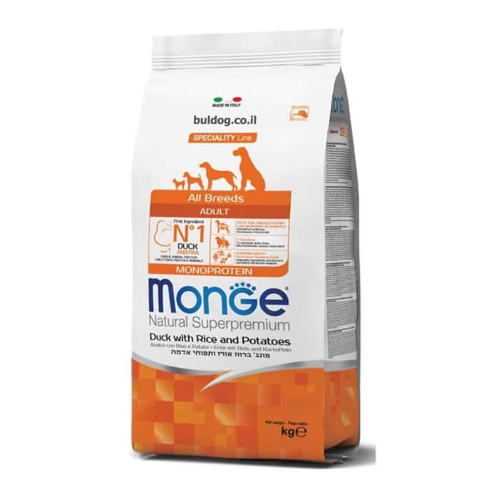 מזון לכלבים מונג’ בוגר מכל הגזעים ברווז אורז ותפו”א 12 ק”ג