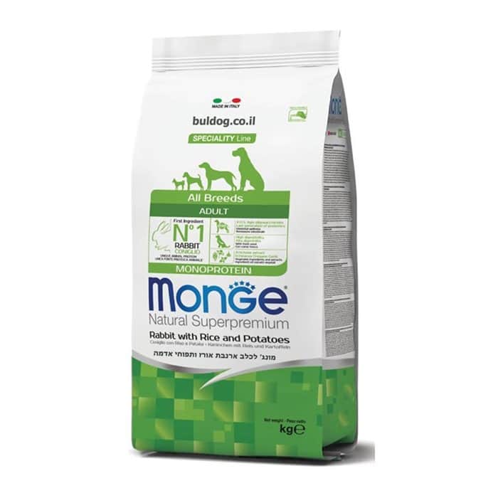 מזון לכלבים מונג’ בוגר מכל הגזעים ארנב אורז ותפו”א 12 ק”ג